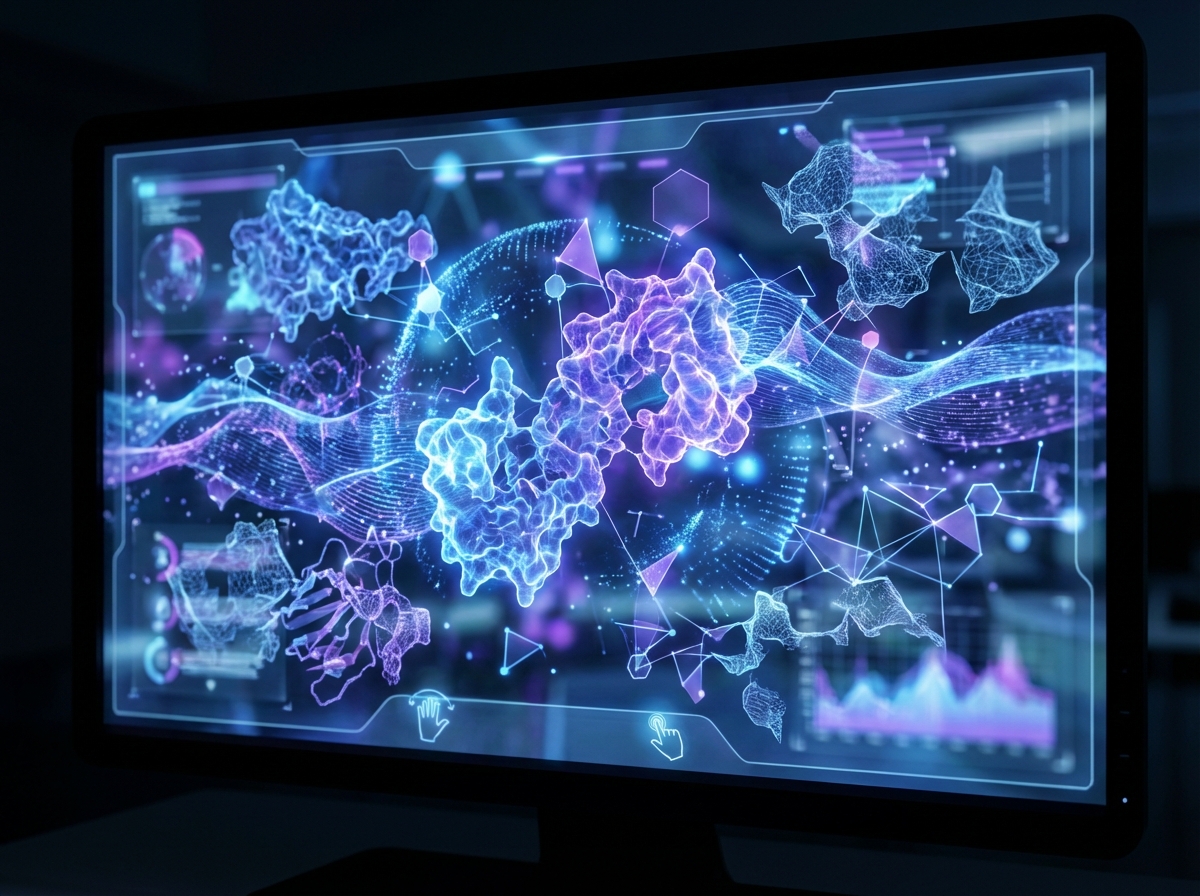 A high-tech digital visualization of complex protein structures and molecular designs being analyzed by artificial intelligence, glowing blue and purple light, sophisticated laboratory interface, 4:3 aspect ratio, no visible text
