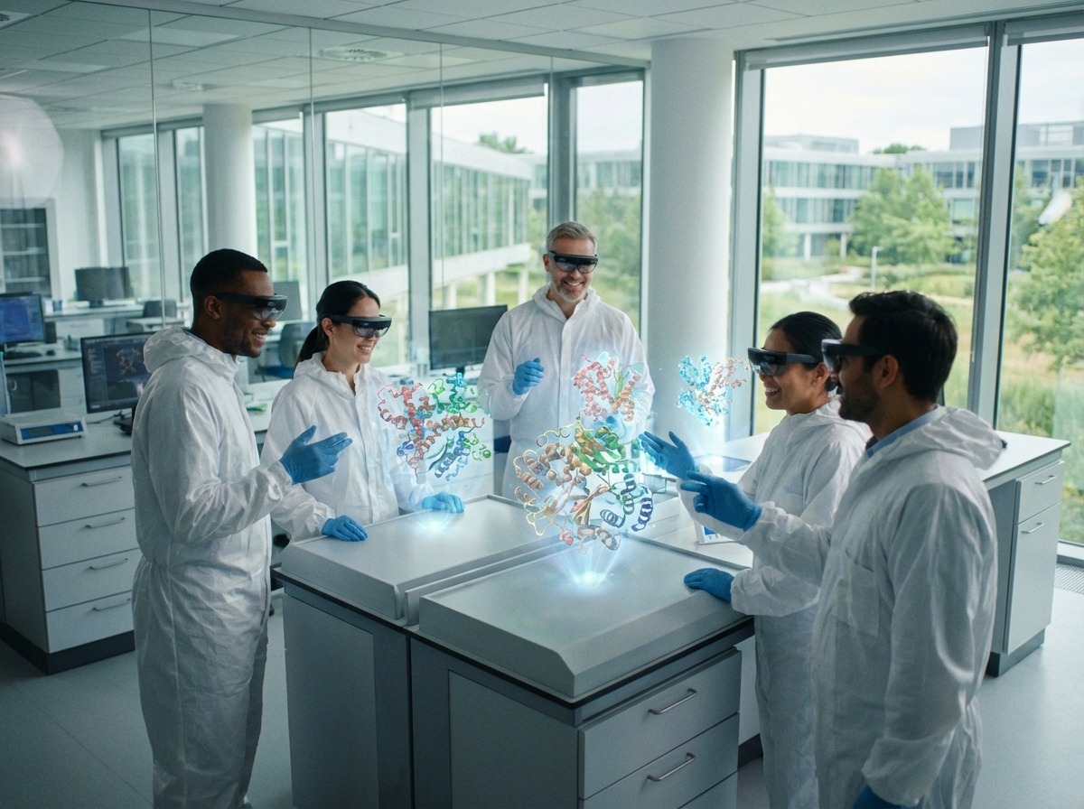 Scientists in a futuristic clean lab working with holographic displays of molecular models, collaborative atmosphere, bright natural light, professional cinematography, 4:3 aspect ratio, no visible text