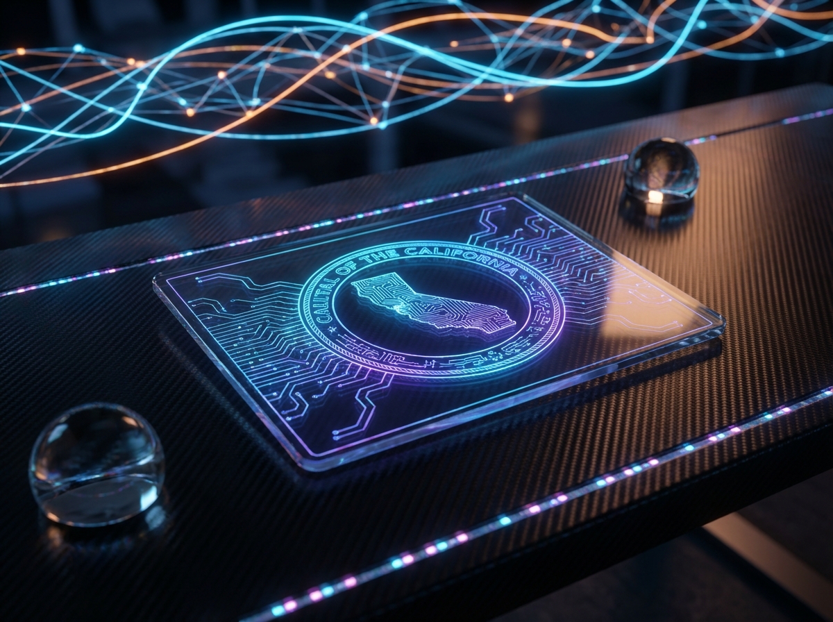 A high-tech legal document with a digital seal of California, placed on a modern dark desk with glowing AI network lines in the background, cinematic lighting, 4:3, no visible text