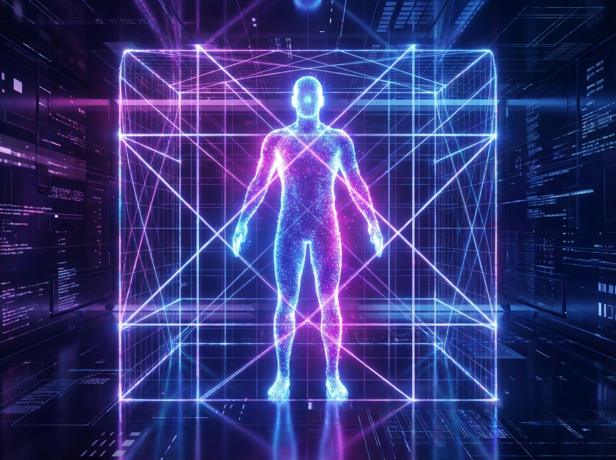 A glowing digital human silhouette being scanned by a security grid, symbolizing privacy protection in the age of AI, futuristic aesthetic, vibrant blue and magenta colors, 4:3, no visible text