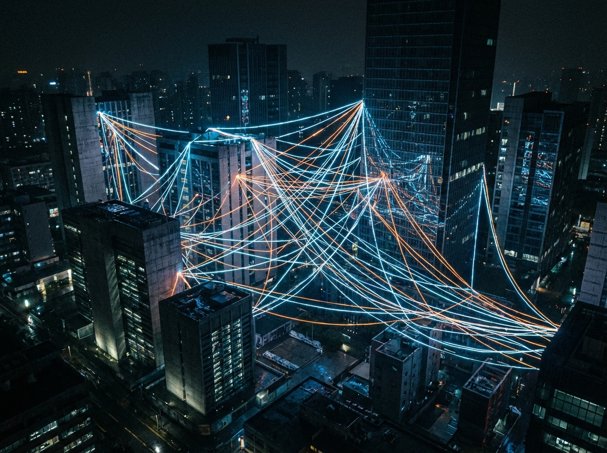 A complex web of glowing lines connecting skyscrapers and server farms, representing the interlinked nature of tech debt and global finance, high contrast, dark professional mood, 4:3 aspect ratio, no text.