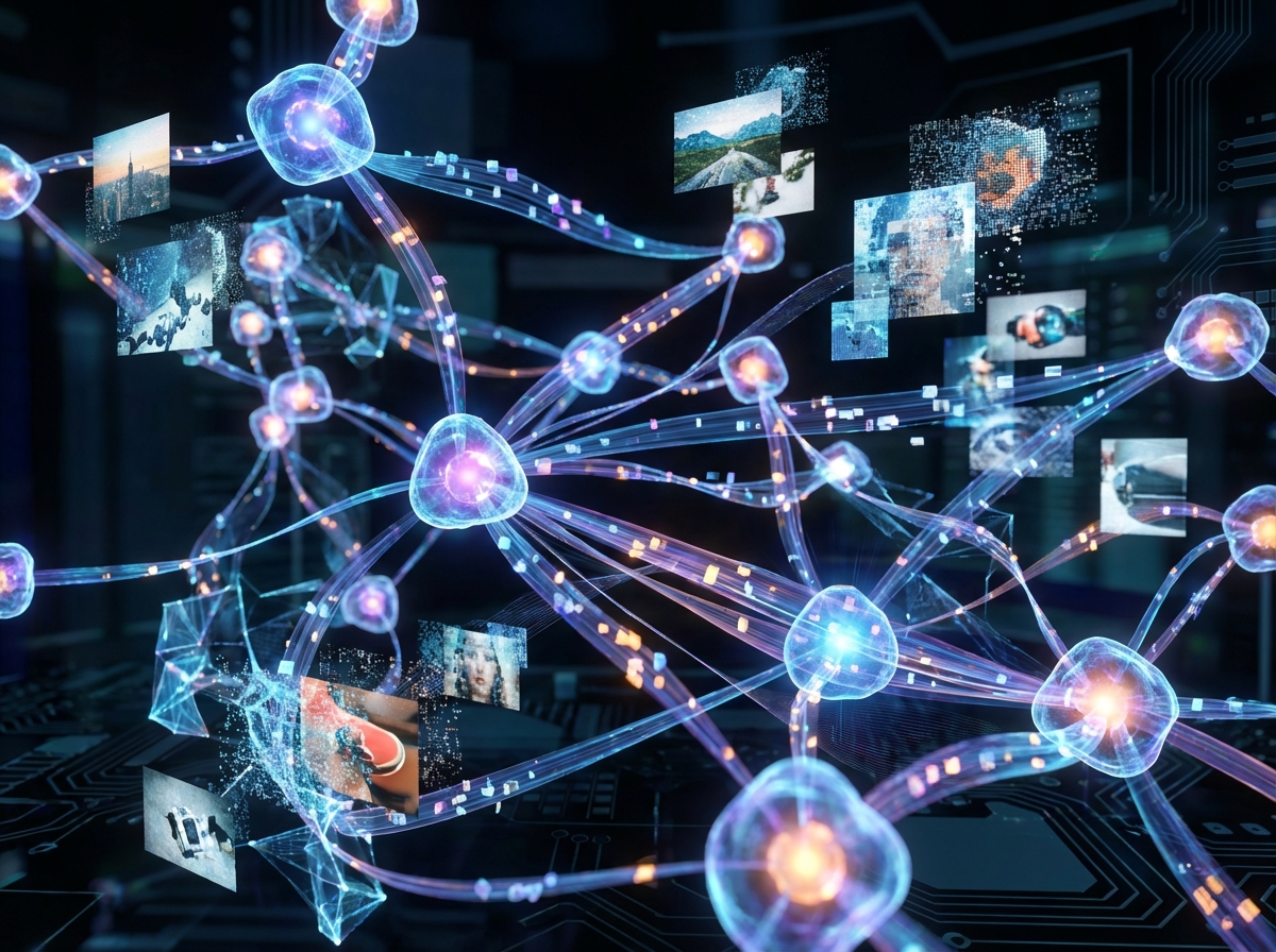 Abstract 3D visualization of glowing neural network nodes and data streams connecting various digital images, representing AI training process, modern and technical aesthetic, no text, 4:3 ratio
