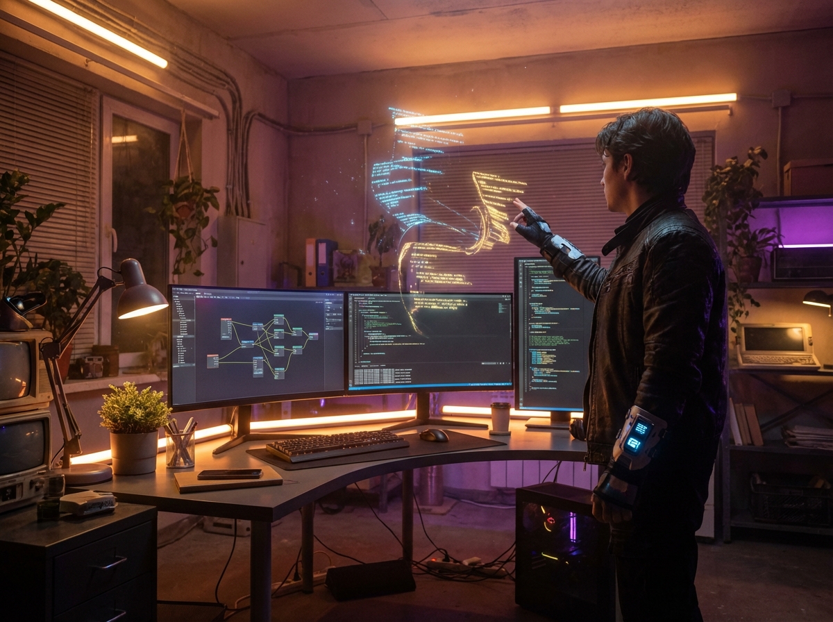 A futuristic workstation with a developer interacting with glowing holographic code structures, warm ambient lighting, high-tech monitors showing complex software architecture, cinematic atmosphere, 4:3
