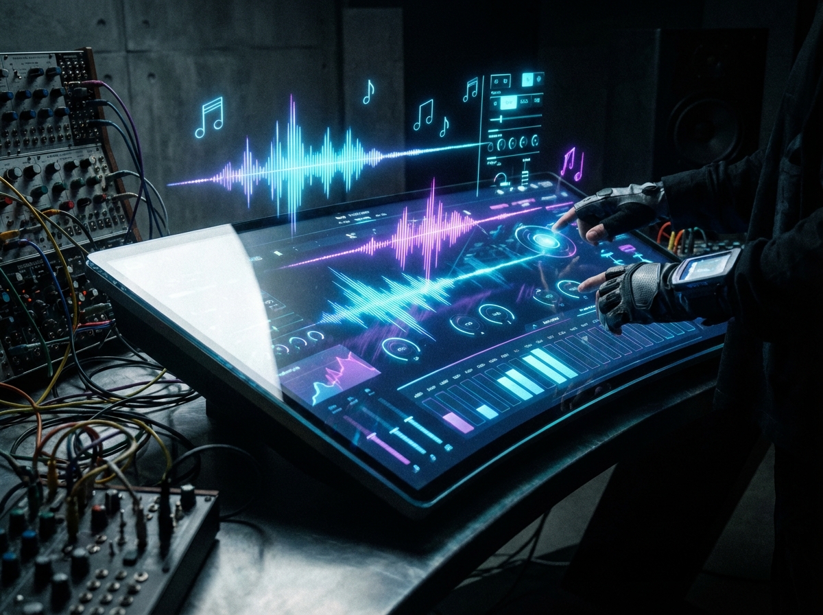 A futuristic digital music production interface showing glowing sound waves and abstract musical notes on a sleek touch screen, vibrant neon blue and purple lighting, cinematic composition, high contrast, 4:3