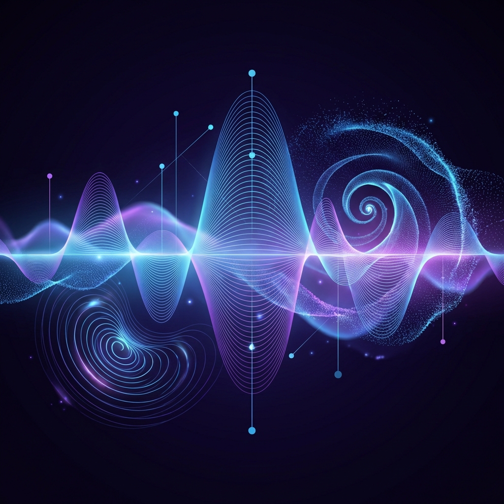 Abstract digital voice wave visualization with soft glowing blue and purple gradients, high contrast infographic style, clean and modern layout, 1:1 aspect ratio, no text.