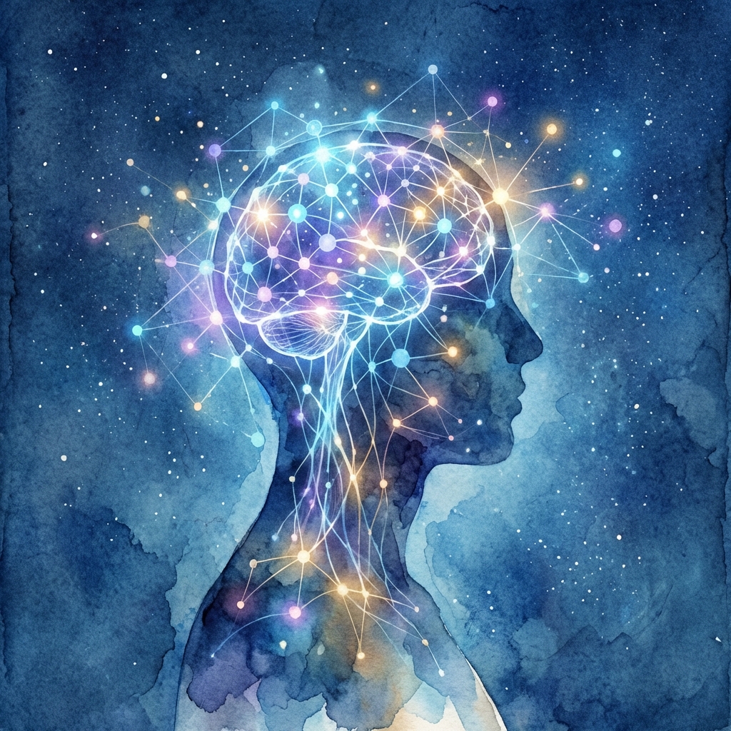 An artistic rendering of a digital neural network blending with a human silhouette's mind, soft glowing lights, deep blue background, textured atmosphere, 1:1
