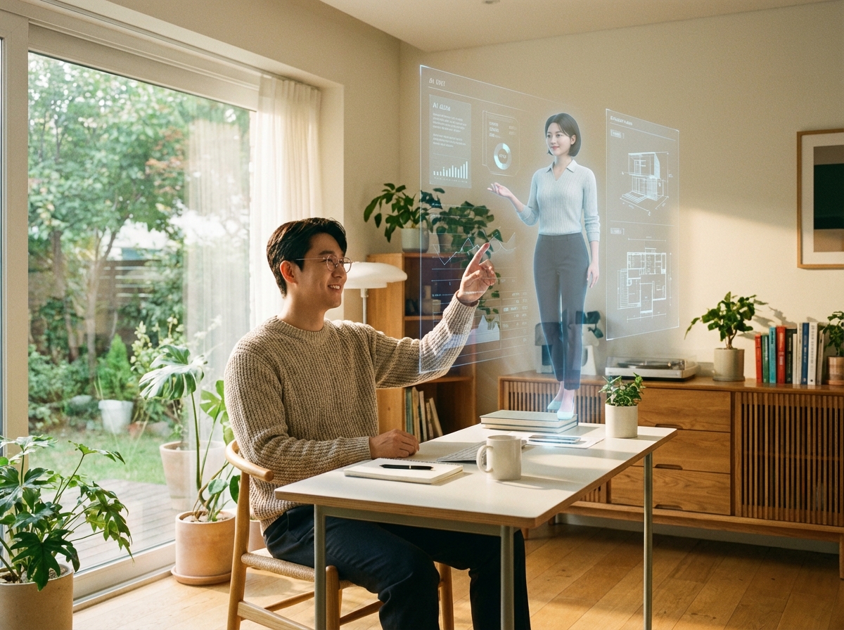 A Korean man and a futuristic holographic AI assistant working together in a cozy modern home office, warm natural lighting, lifestyle photography, 4:3