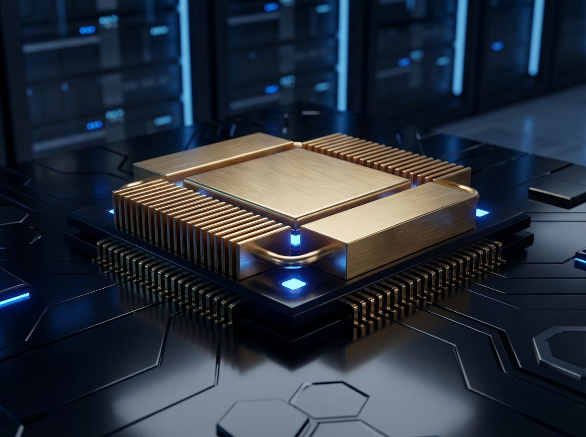 Close up of a powerful AI processor chip with metallic gold accents sitting on a dark reflective surface modern layout high contrast no text 4:3