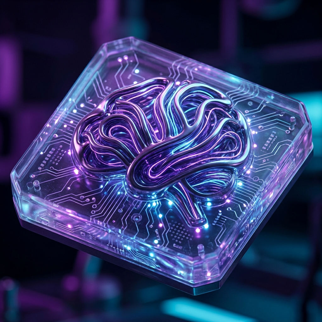 Futuristic AI hardware component with glowing neural network patterns intricate details artistic rendering deep purple and cyan lighting 1:1