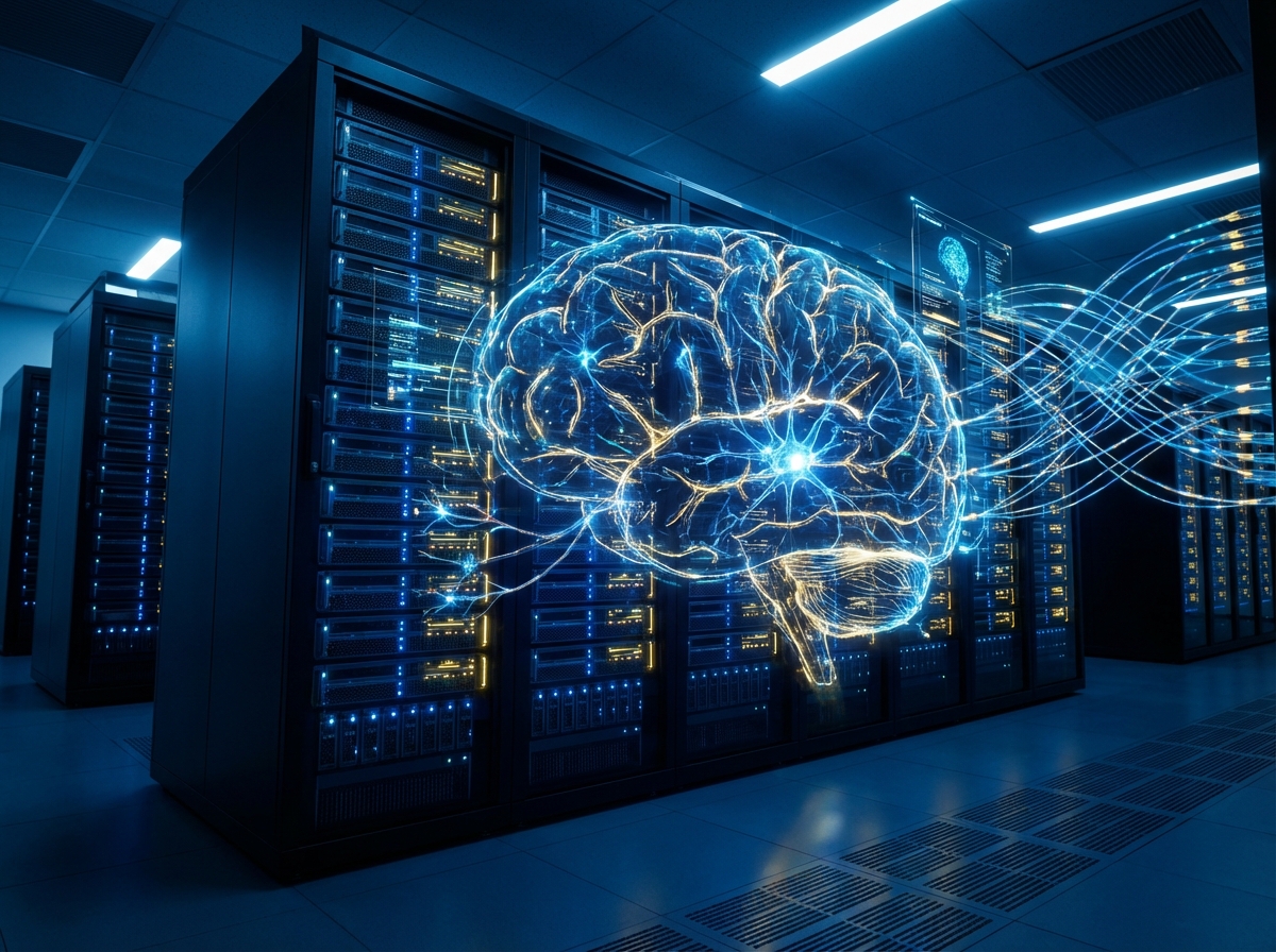 A futuristic and high-tech visualization of AI inference processing. Glowing neurons and data streams flowing through a sleek server rack, abstract digital art style with deep blue and gold accents, high contrast, wide-angle cinematic composition, 4:3