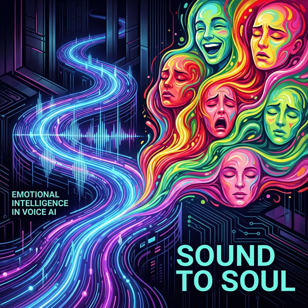 A futuristic conceptual illustration of digital sound waves transforming into colorful human facial expressions, representing emotional intelligence in voice AI, high contrast, modern layout, 1:1