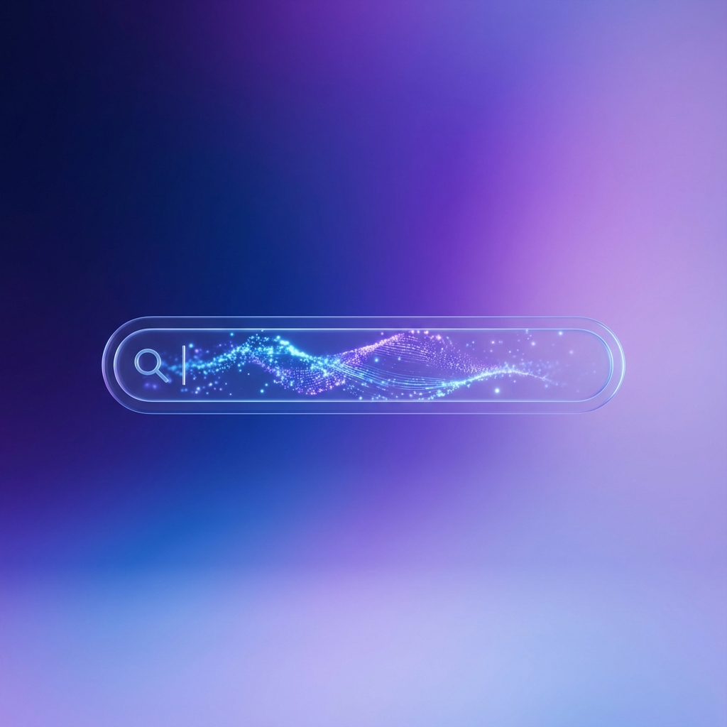 A futuristic and clean digital interface showing a search bar with glowing AI particles, a soft blue and purple gradient background, high-quality 3D render, modern and minimal aesthetic, no text, 1:1