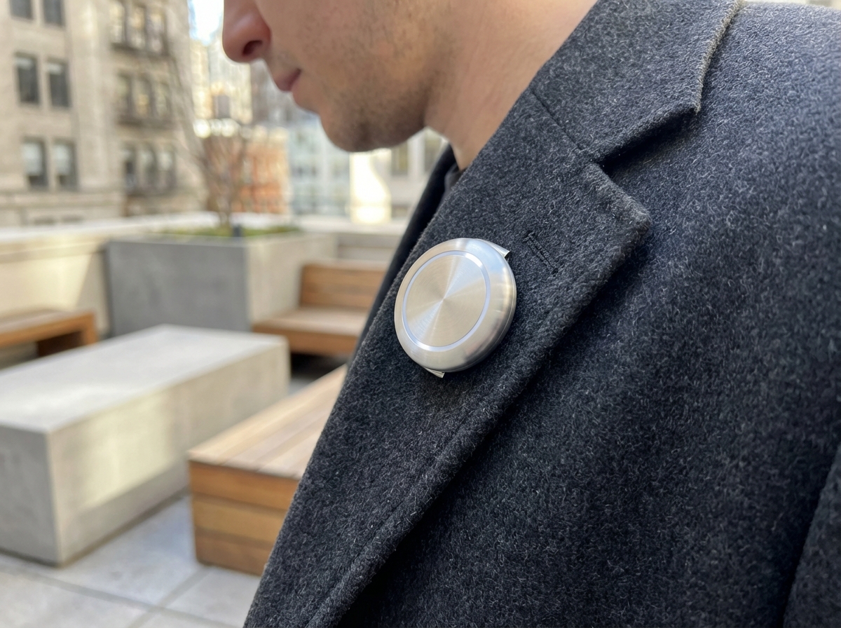 A sleek, circular wearable device resembling a thick Apple AirTag, metallic silver finish, worn on a lapel of a minimalist modern jacket, soft natural daylight, high-quality lifestyle photography, Apple AI wearable pin, no text, 4:3