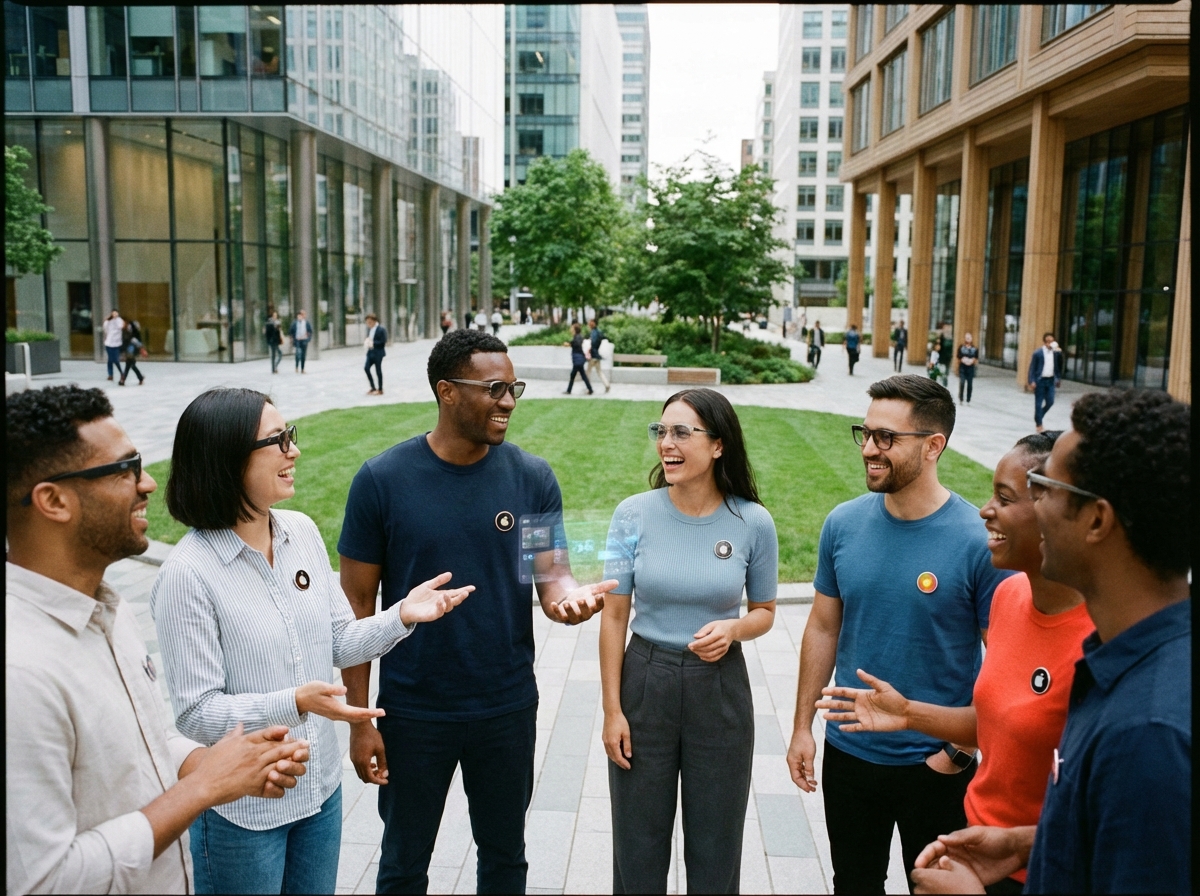 A group of diverse people using smart glasses and wearable devices in a modern urban environment, natural interaction, clean and bright setting, lifestyle photography, Apple AI wearable pin, no text, 4:3