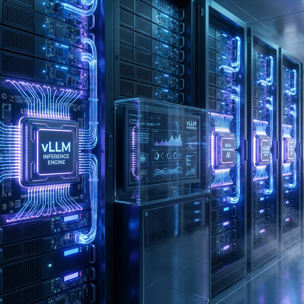 A high-tech server room with glowing advanced AI microchips and hardware components, cool blue and purple lighting, representing high-performance inference power, vLLM technology theme, 1:1