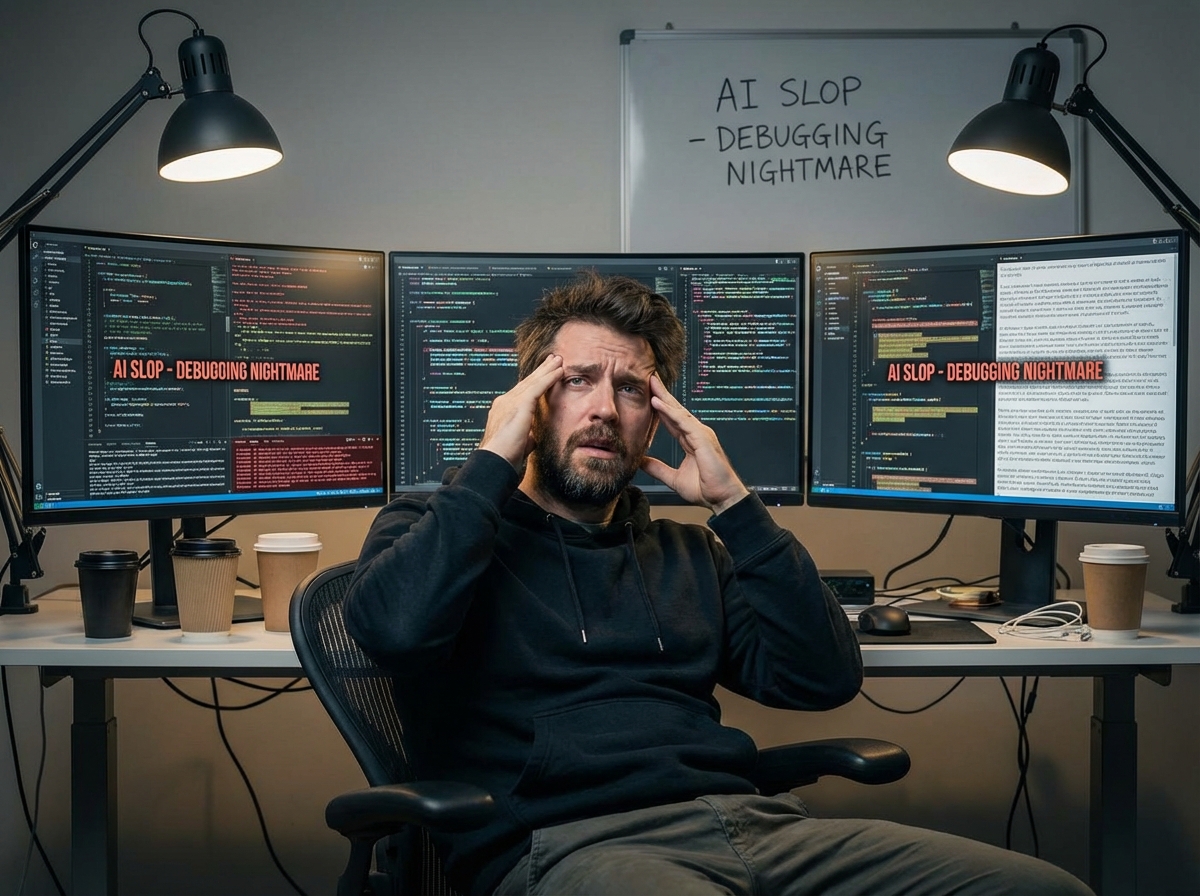 A frustrated software developer sitting in front of multiple monitors filled with chaotic AI-generated code and text, modern workspace, cinematic lighting, Main Keyword AI slop, 4:3