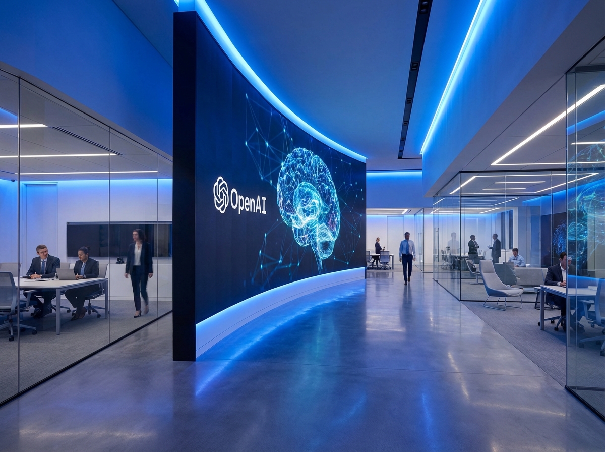 A modern corporate office with a large digital screen displaying OpenAI logo and neural network connections, professional blue and white lighting, high-tech atmosphere, wide shot, 4:3