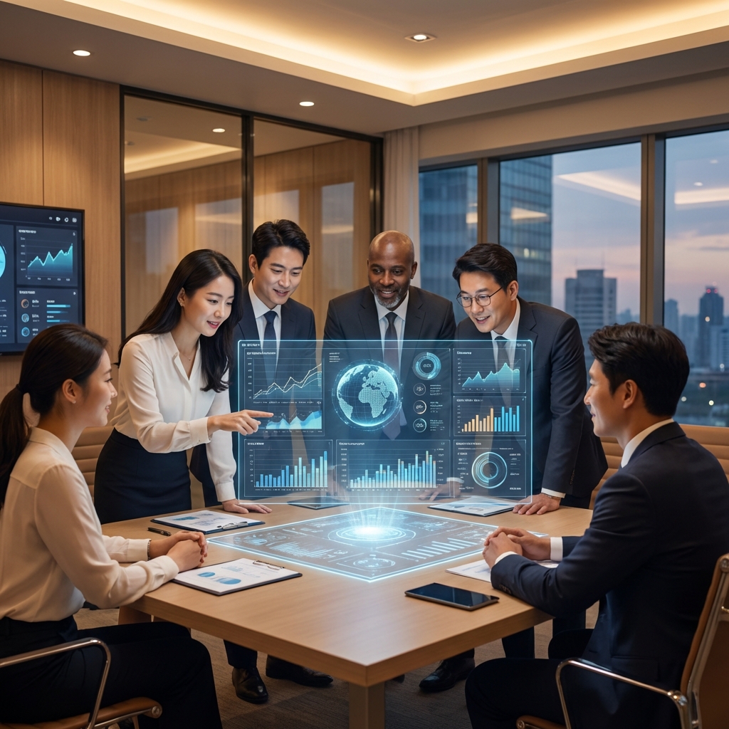 A diverse group of business professionals in a high-tech meeting room looking at a glowing holographic interface showing data analytics, warm lighting, focused expressions, Korean business people included, 1:1