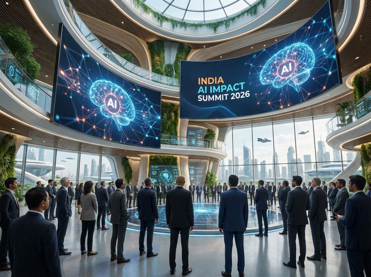 A grand high-tech conference hall in New Delhi filled with global tech leaders. Large digital screens showing AI neural networks and the words India AI Impact Summit 2026. Professional atmosphere, futuristic design, wide angle, 4:3.