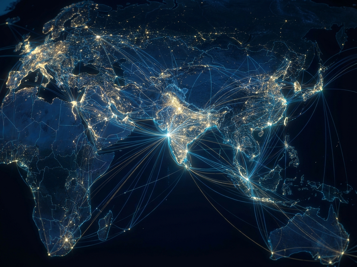 Abstract representation of global AI network connections focused on India as a central hub. Blue and gold glowing lines, futuristic and sophisticated background, 4:3.
