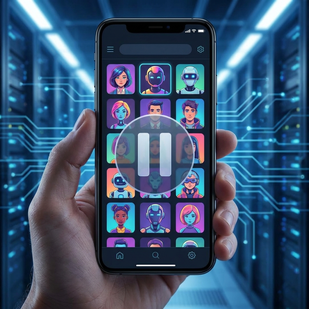 A modern smartphone displaying various colorful AI character avatars with a subtle pause icon overlay, clean digital interface, high-tech atmosphere, 1:1