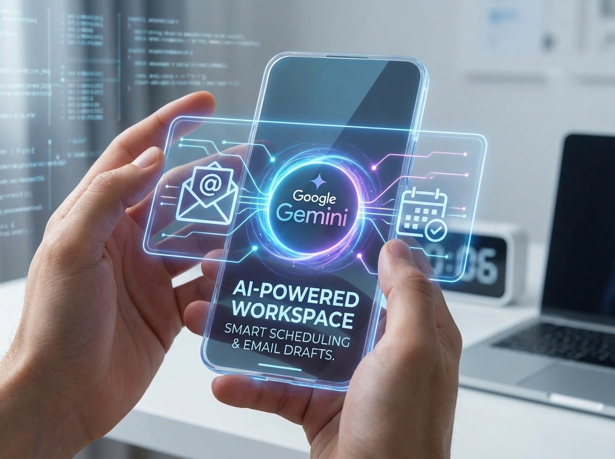 A person using a smartphone showing Google Gemini AI interface integrated with email and calendar icons, futuristic and clean infographic style, 4:3