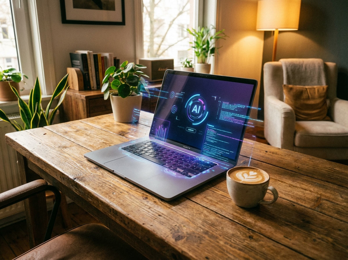 A modern workspace with a laptop and a coffee cup, subtle AI interface elements glowing, warm lighting, lifestyle photography, 4:3