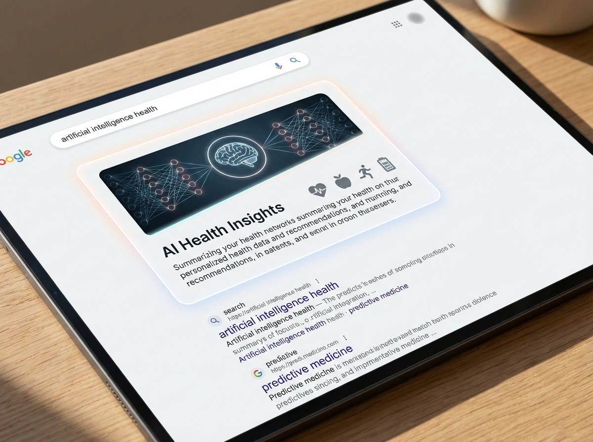 A clean modern search engine interface showing a summary block with artificial intelligence elements and health icons on a digital screen, high quality, 4:3