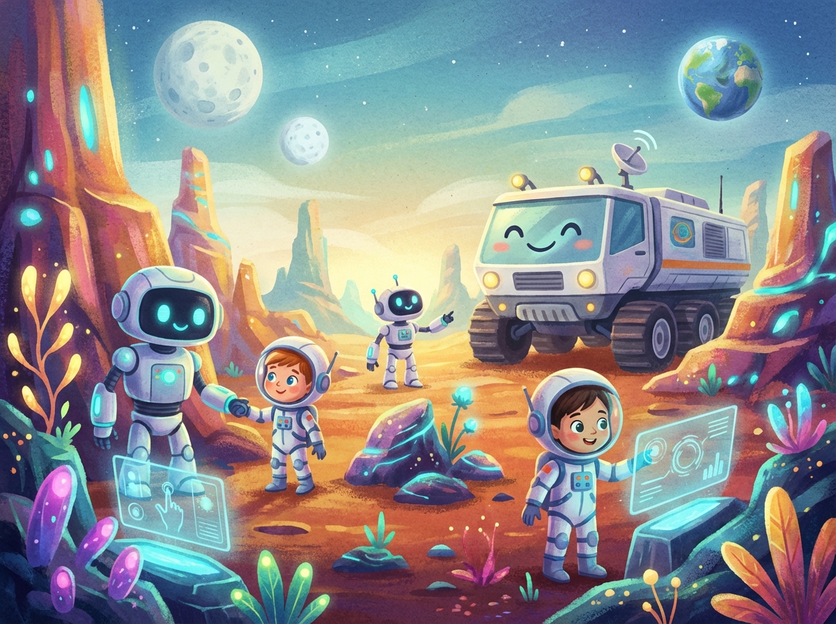 A detailed and vibrant digital illustration of a Mars exploration scene designed for children. The environment is interactive with glowing elements and friendly robot guides. No text visible. Artistic and educational style with a textured background. 4:3