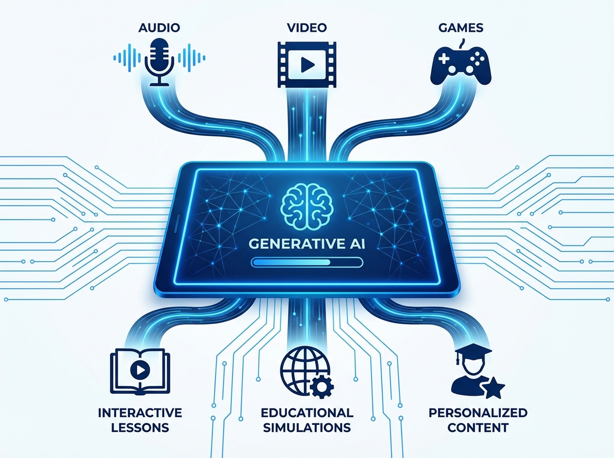 A clean and modern infographic layout showing the process of generative AI creating educational media. Icons representing audio, video, and games flowing into a central tablet screen. High contrast with a blue and white color palette. 4:3