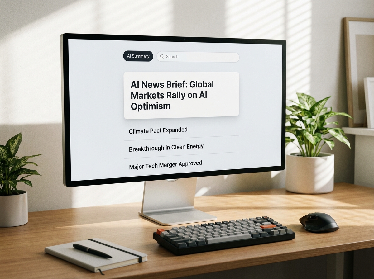 A modern computer screen showing a clean AI news summary interface with various global news headlines, minimalist digital workspace background, 4:3