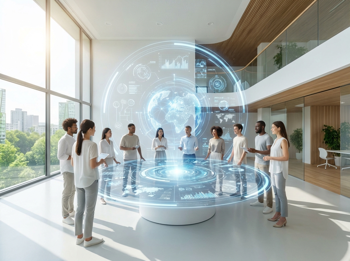 A futuristic and clean office environment where a diverse group of people is collaborating around a large glowing holographic interface showing data connections. A soft blue and white color palette with natural lighting. 4:3