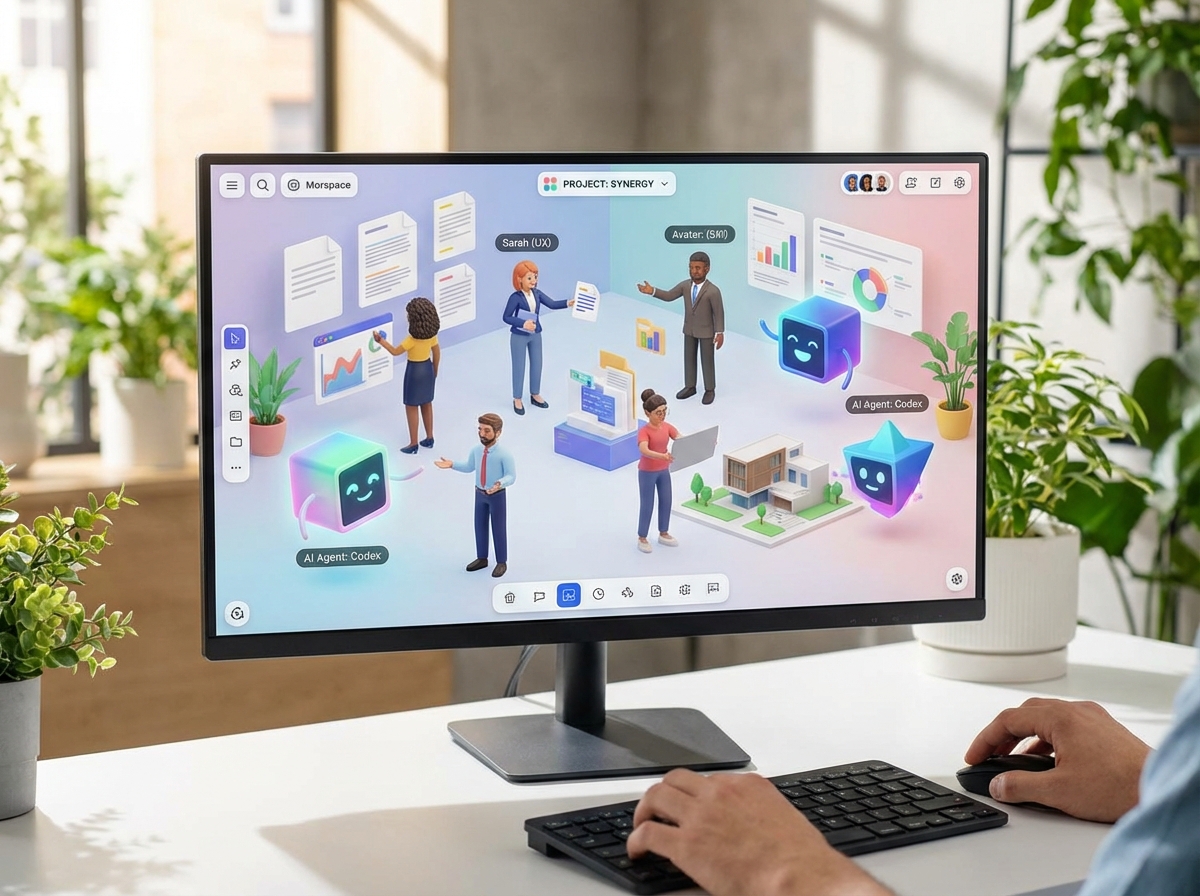 A digital workspace view showing multiple stylized avatars of humans and AI agents interacting within a shared 3D collaborative interface. Bright and professional atmosphere. 4:3