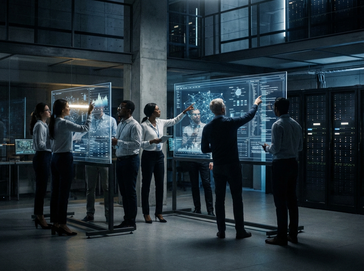 A group of focused professional researchers and engineers looking at complex data visualizations on transparent screens in a modern tech hub. High contrast and cinematic lighting. 4:3