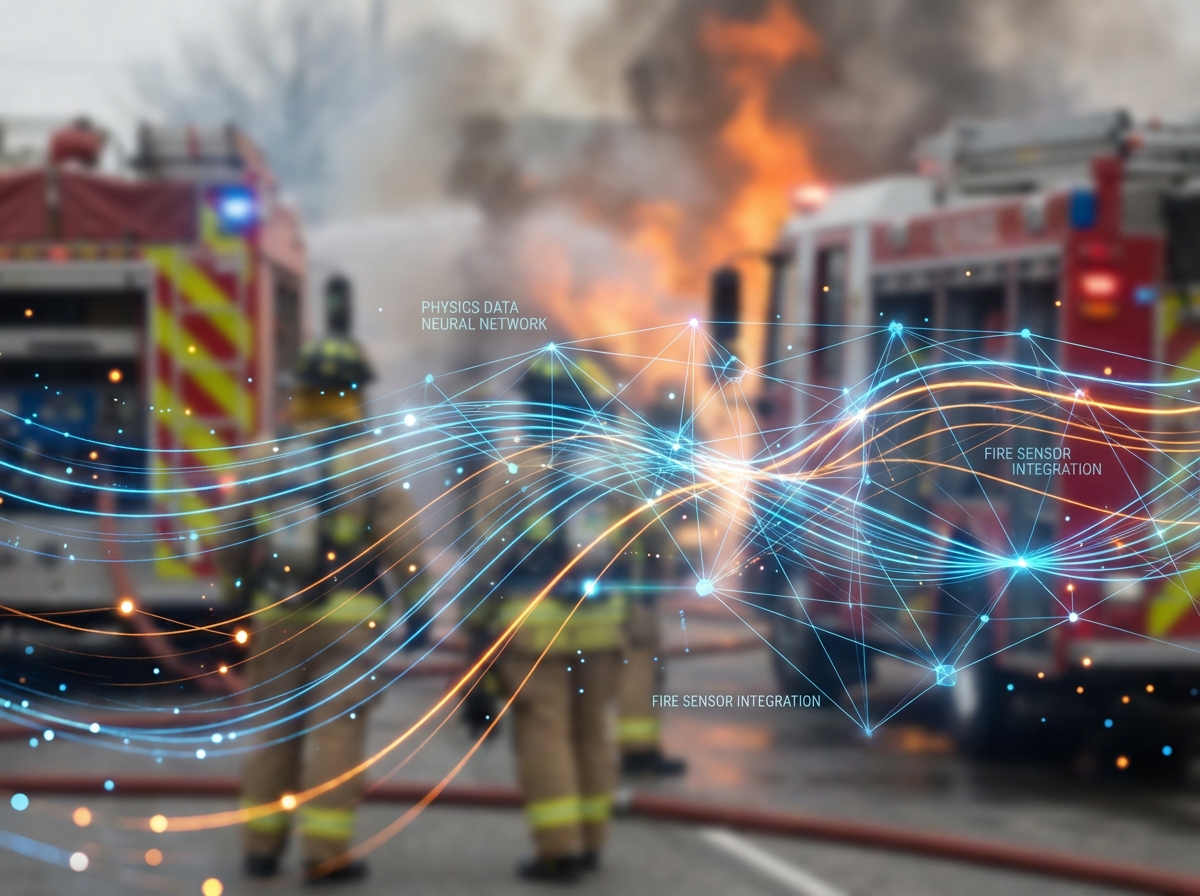 Digital visualization of physics data particles forming a neural network over a blurred firefighting scene, abstract technology concept, deep blue and glowing orange colors, 4:3