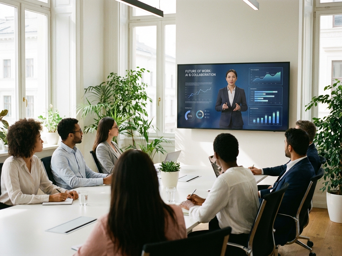 A diverse group of office workers in a bright conference room looking at a large wall-mounted screen displaying a realistic digital presenter giving a lecture. Professional atmosphere, natural daylight, 4:3