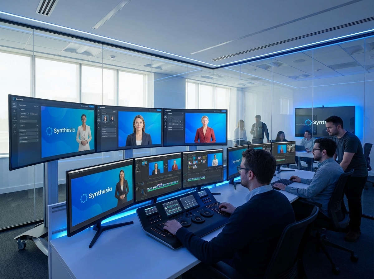 Modern AI video production studio interface with Synthesia logo digital human avatars on screen high-tech office environment 4:3
