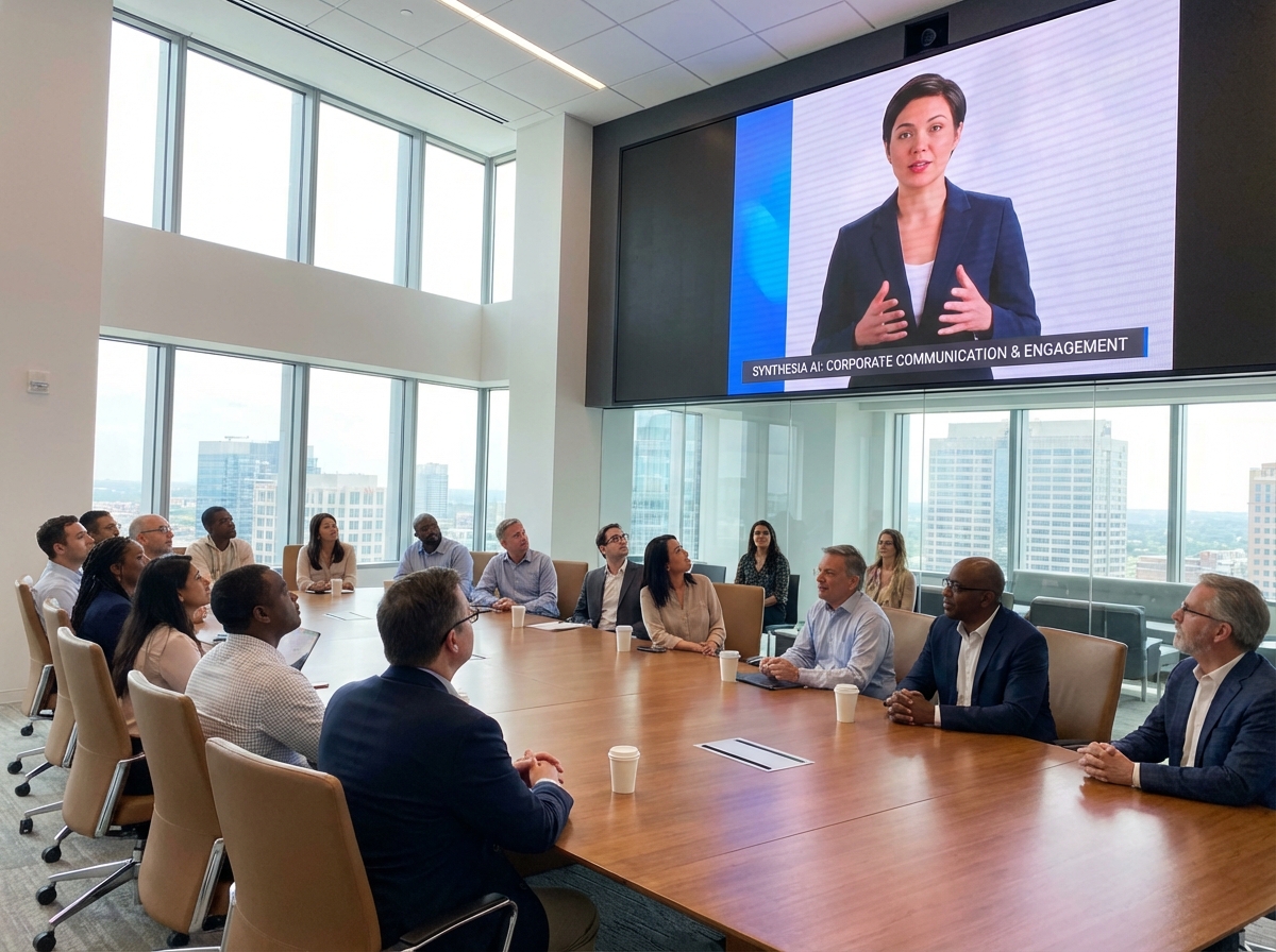 Synthesia AI avatar presenting to corporate employees on a large screen in a modern conference room diverse staff realistic 4:3