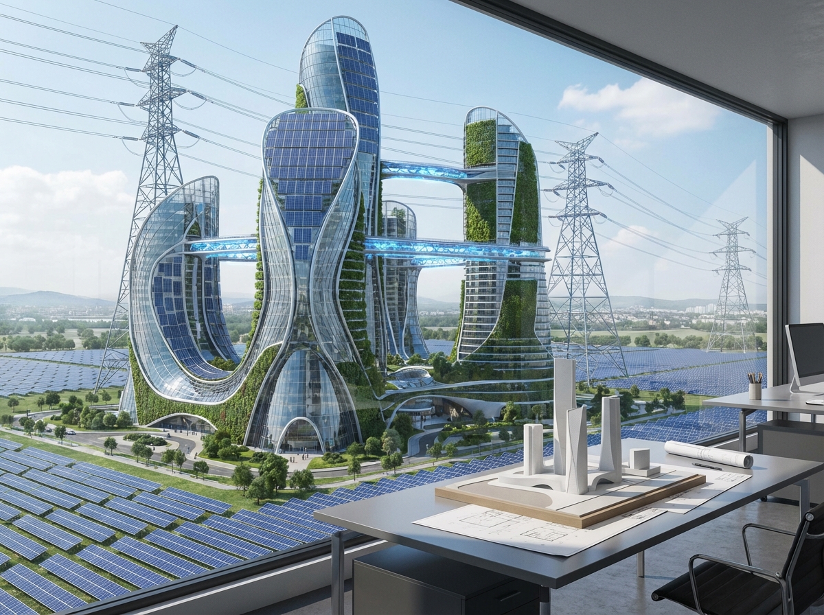Detailed architectural rendering of a futuristic AI factory with solar panels and power grids 4:3