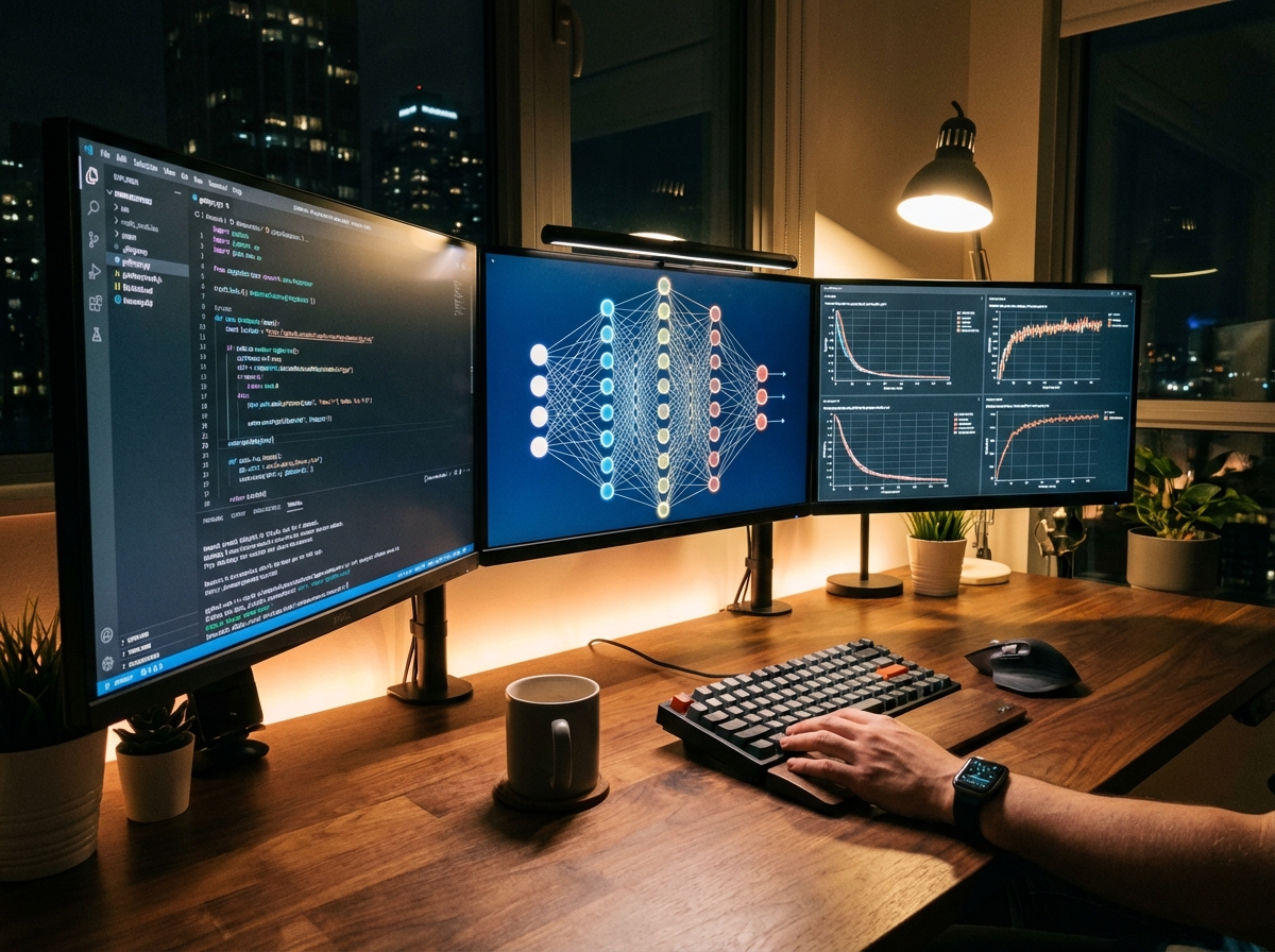 A modern professional workspace with multiple monitors displaying complex code and neural network visualizations, a developer's hand on a sleek mouse, warm ambient lighting, 4:3