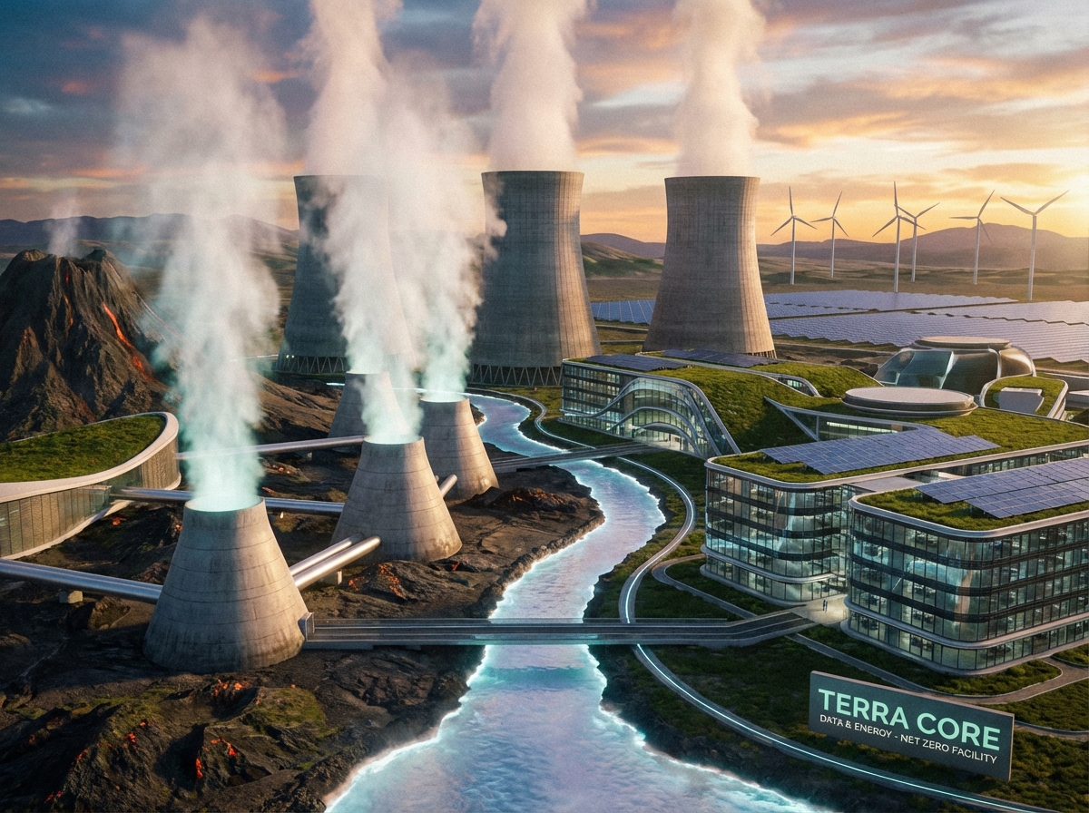A futuristic geothermal power plant integrated with a clean, modern data center. Green energy concept with steaming vents and solar panels in the background. Cinematic lighting. 4:3