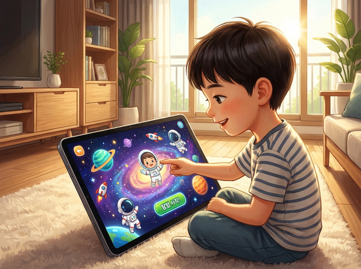 A curious 7-year-old Korean boy interacting with a vibrant and friendly AI educational app on a tablet. The screen shows colorful space exploration theme with interactive elements. Modern home interior, warm natural lighting, high-quality digital art style. 4:3