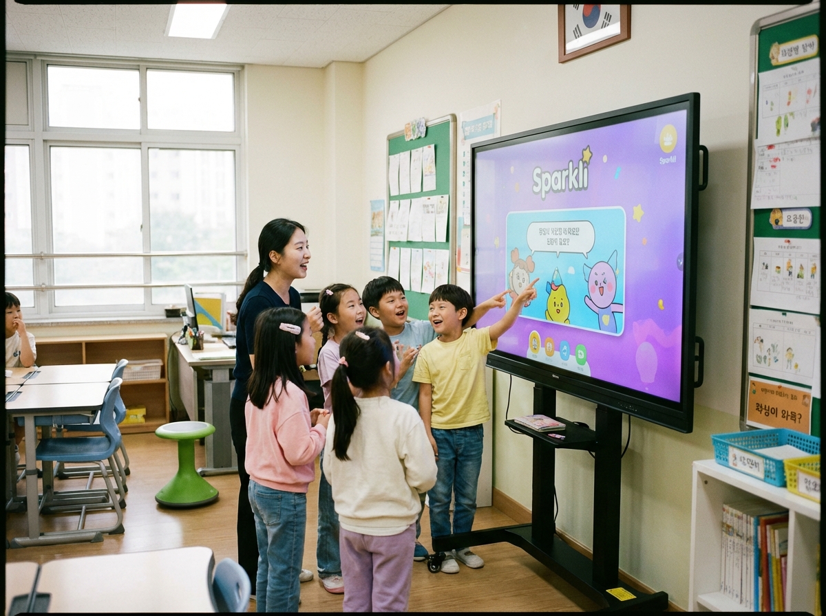 A modern elementary classroom setting where a Korean teacher and young students are using a large screen displaying the Sparkli app to discuss a topic. Collaborative atmosphere, bright classroom, realistic photography style. 4:3