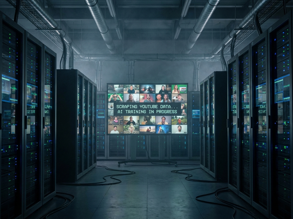 A cinematic scene of a large digital server farm processing thousands of video frames from YouTube creators, representing data scraping for AI training, modern tech aesthetic, 4:3