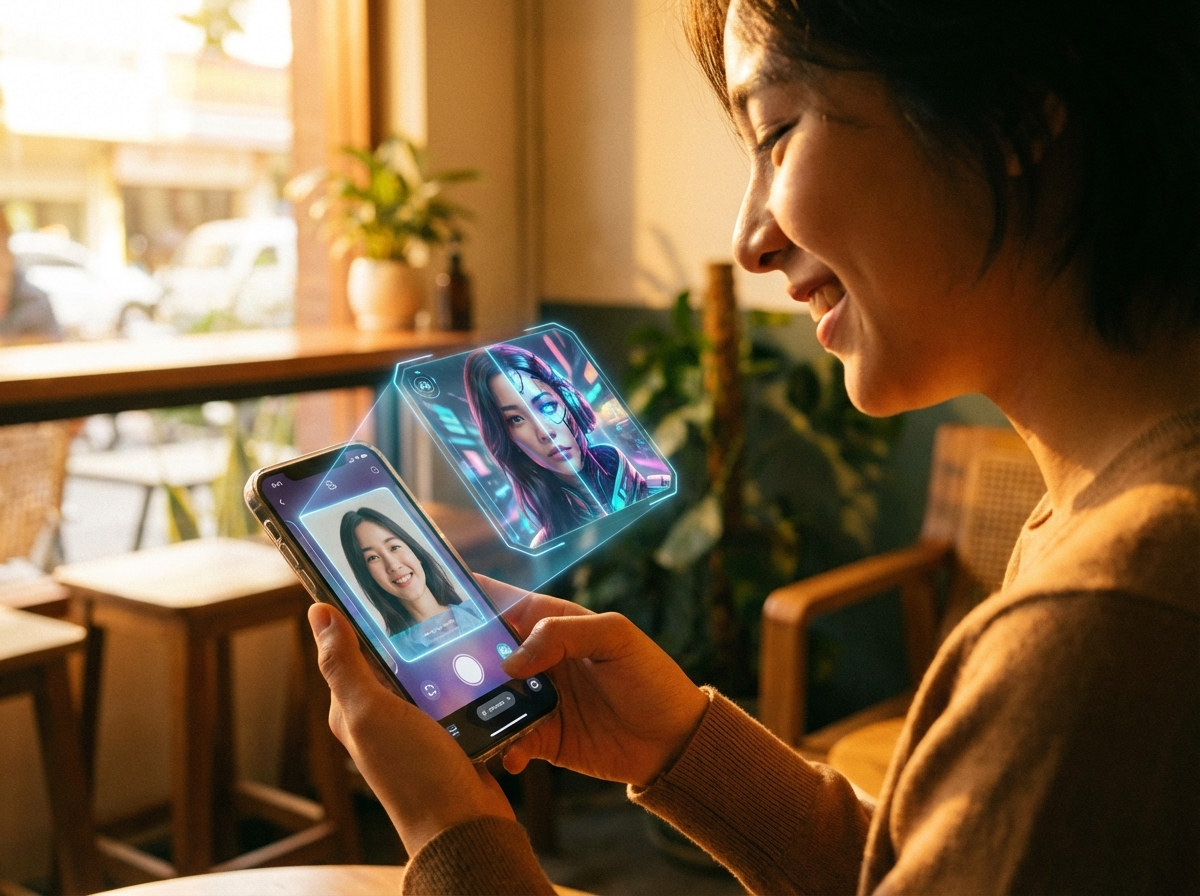 A person using a smartphone app with advanced AI photo filters, glowing interface, lifestyle photography, warm lighting, 4:3