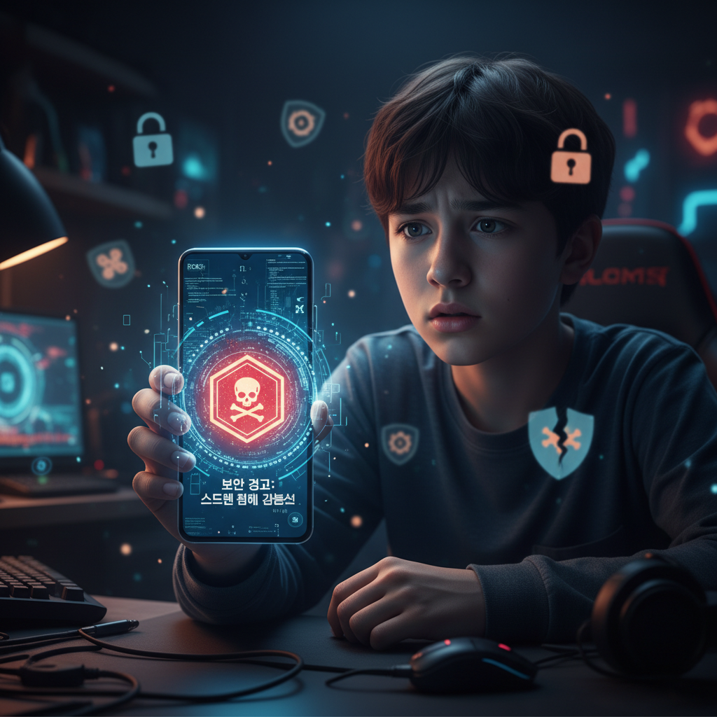 A concerned Korean teenager looking at a smartphone screen with glowing digital symbols, dark room, modern digital atmosphere, safety warning icons floating subtly in the background, 4:3