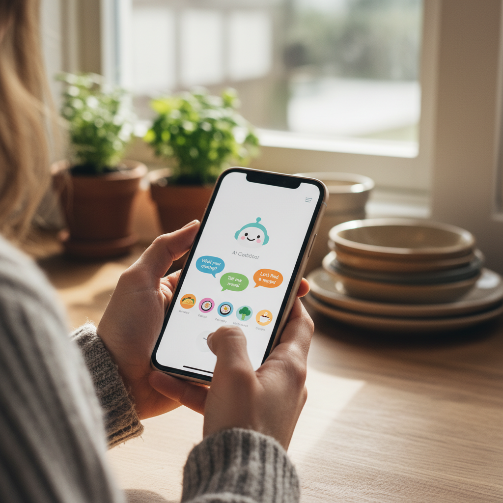 A person holding a modern smartphone showing a friendly AI chatbot interface with colorful food icons and speech bubbles. The person is in a cozy kitchen setting, natural lighting, high quality lifestyle photography. 4:3