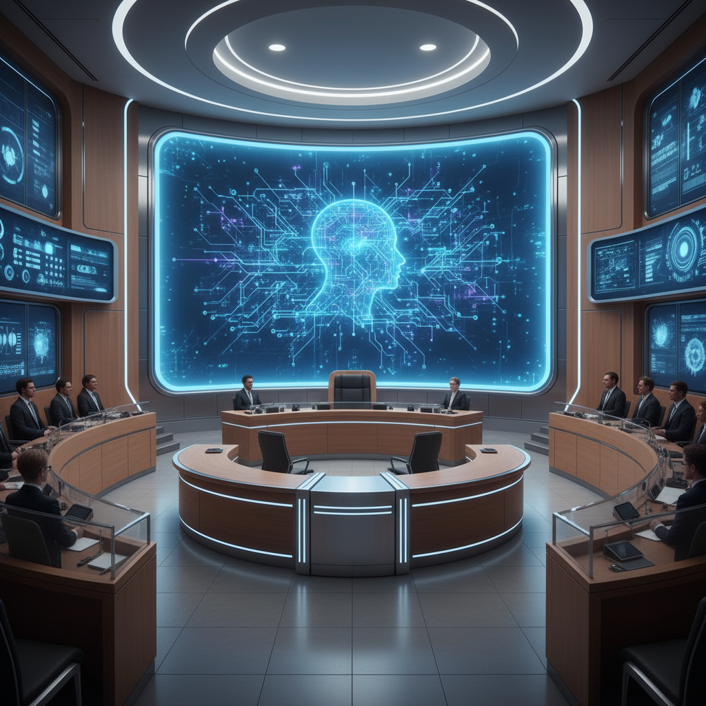 A futuristic digital courtroom with a large glowing holographic screen displaying neural network patterns representing an AI Judge. The environment is professional and modern with sleek wood and glass materials. 4:3