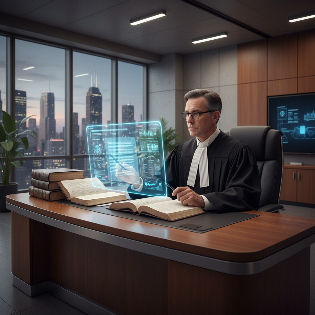 A professional human judge in a black robe sitting in a modern office, comparing a digital document on a transparent screen with physical law books. Professional lighting. 4:3
