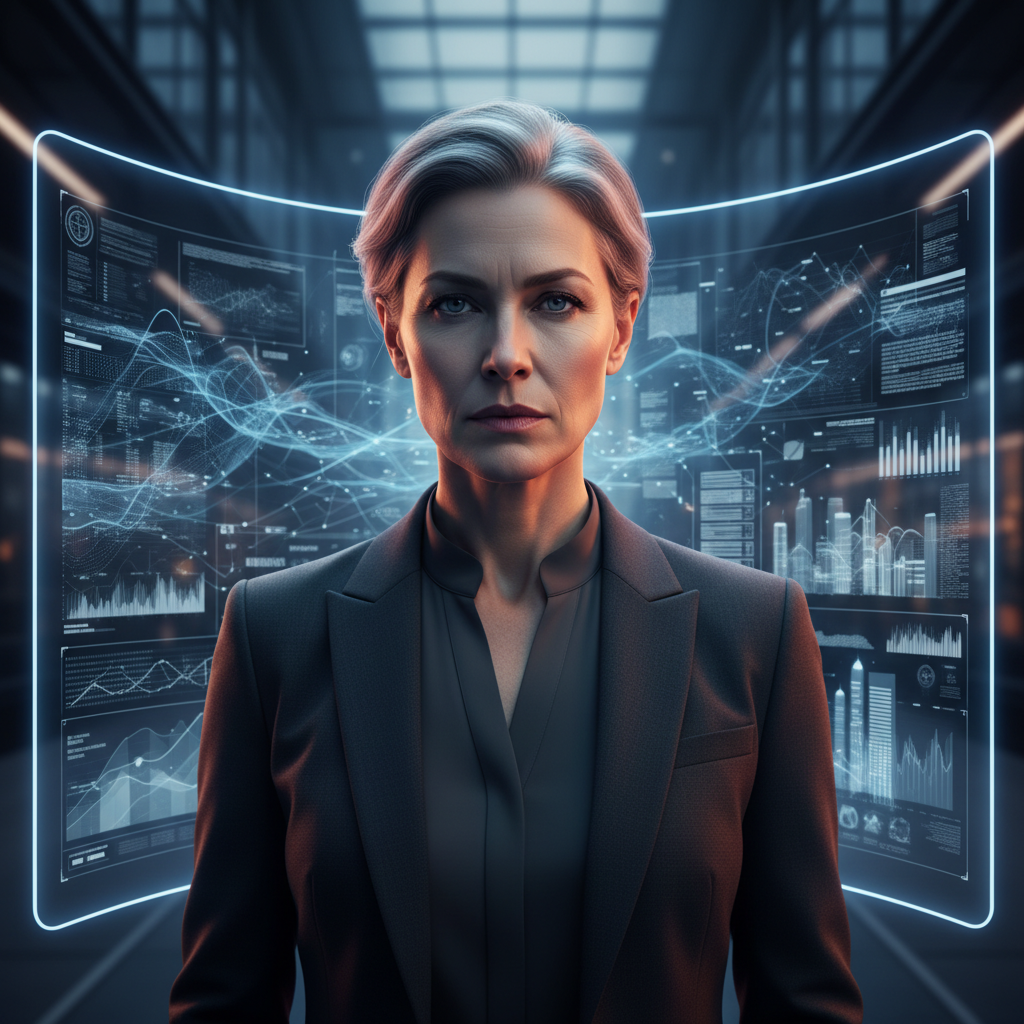 A serious and visionary tech leader standing in front of a futuristic digital interface, soft blue and orange lighting, realistic portrait, high resolution, 1:1